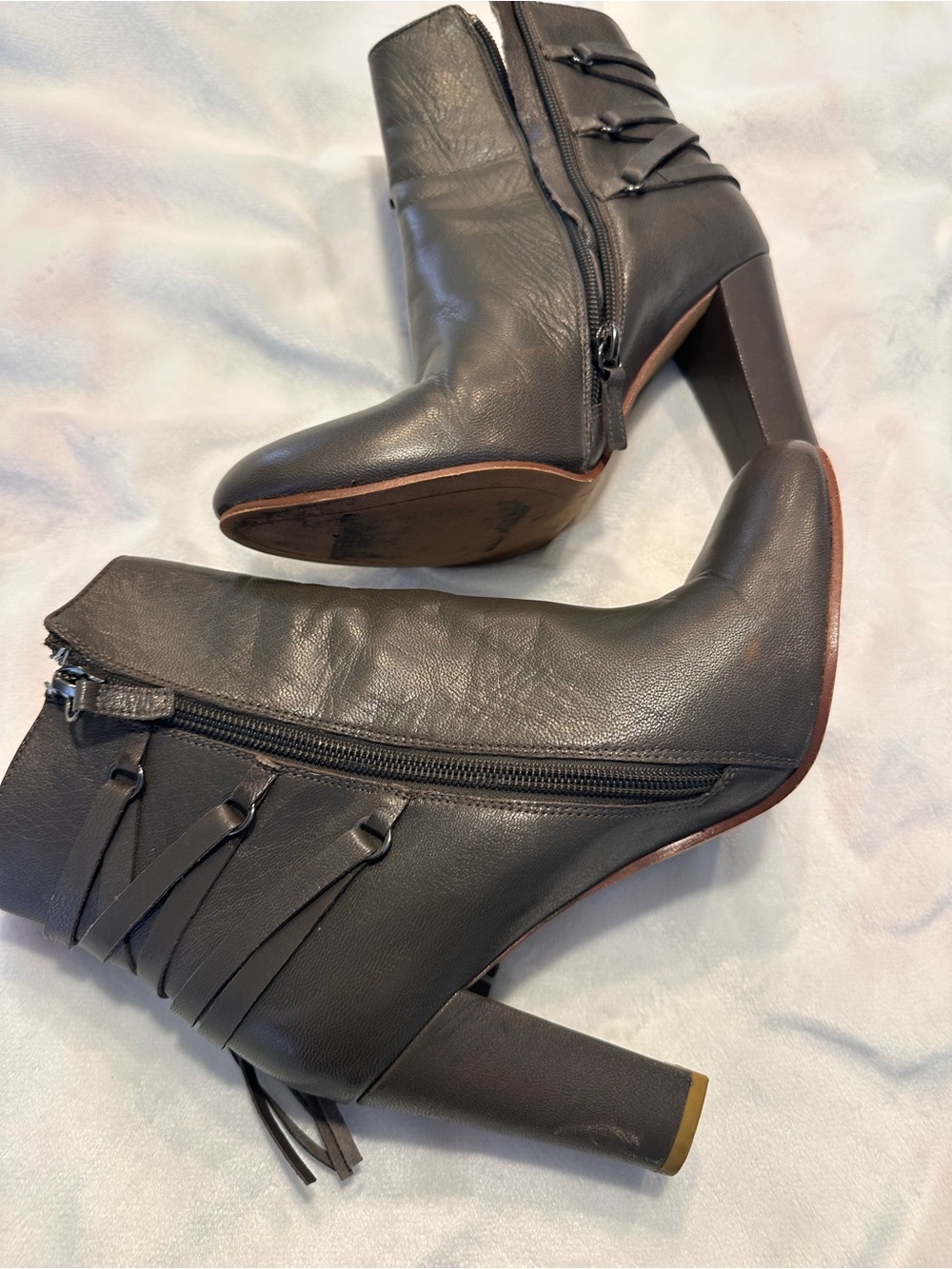 Halogen Gray Leather Fringe Zip High Heel Booties